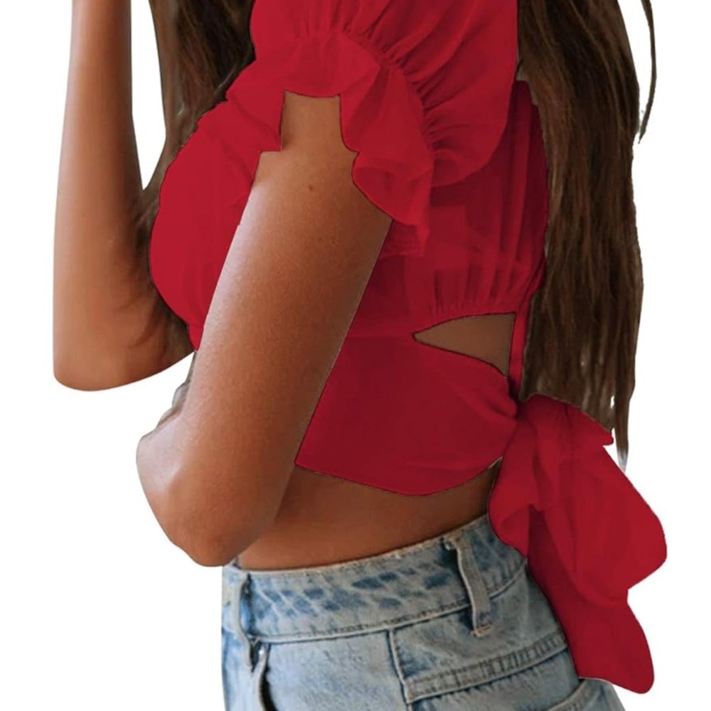 WORN ONCE red crop top ruffle sleeve with back bow tie - Picture 3 of 3